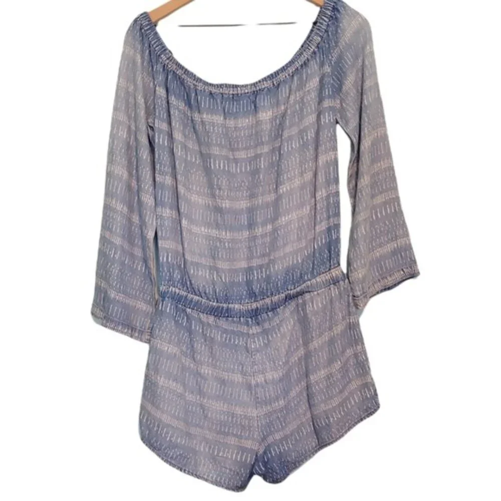 Bella Dahl Blue Chambray Tiki Stripe Off Shoulder Long Sleeve Romper Size Medium